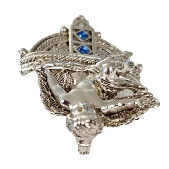 Vatican Library Silver Tone l Blue Rhinestone Cherub Angel Brooch, Signed L276 - Picture 5 of 8